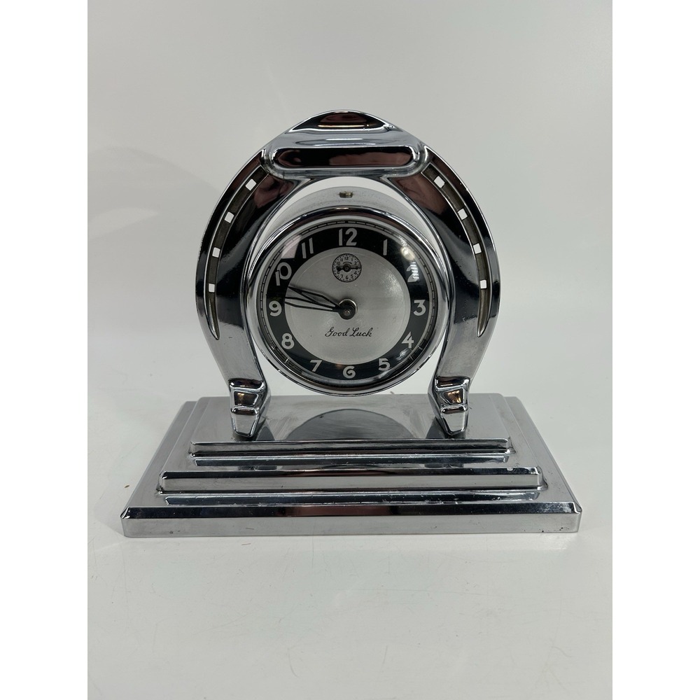 Antique 1920's Lux Clock Co. Wind up "GOOD LUCK" Horseshoe Mantel Clock Read